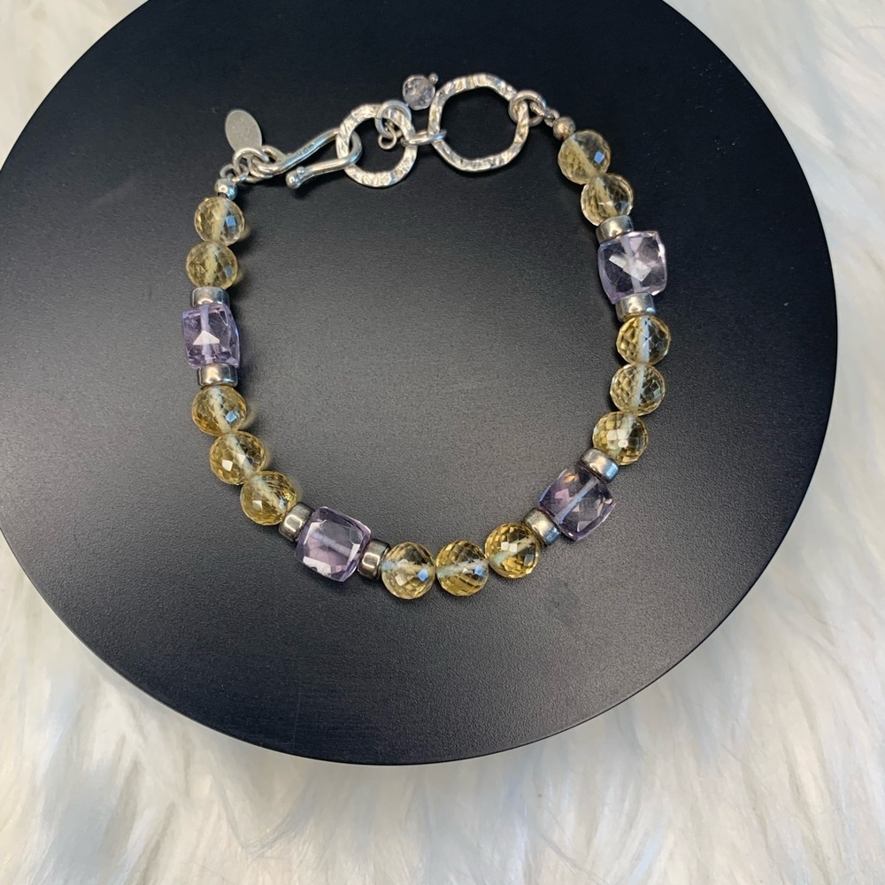 (259)Chic yellow and Purple Crystal Beaded Bracelet with Sterling silver
